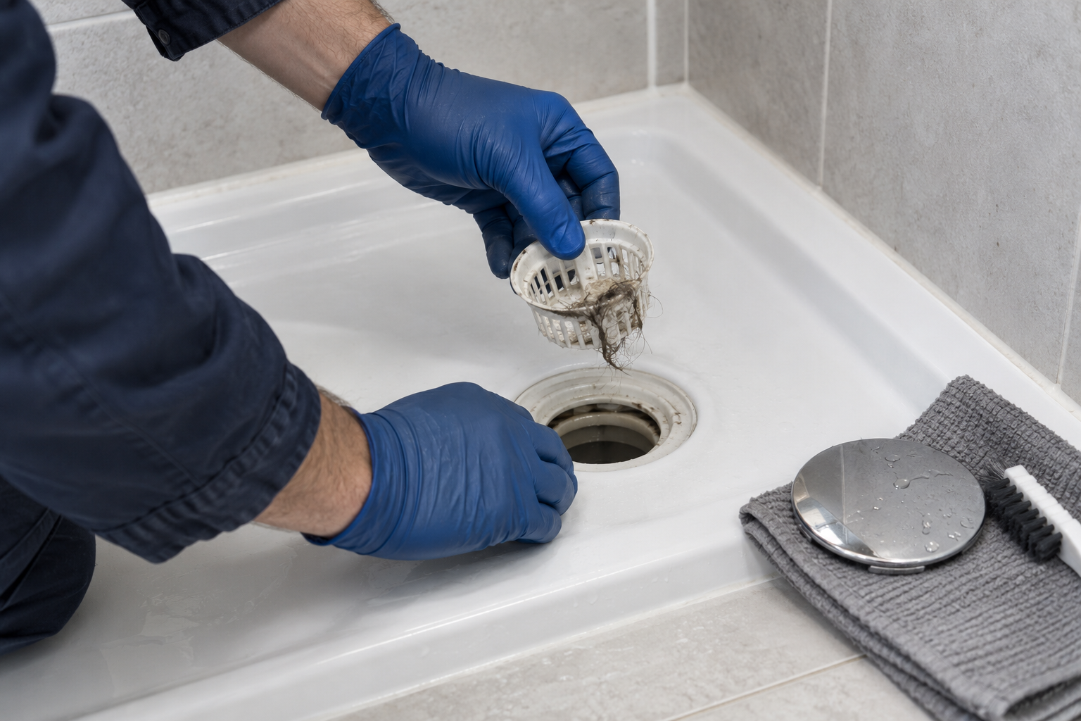 Retrait de résidus dans une bonde de douche pour rétablir l’écoulement
